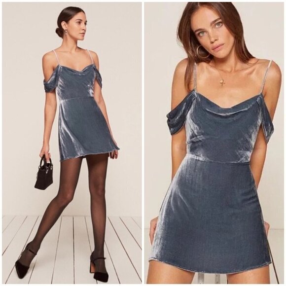 💕REFORMATION💕 Lorraine Cold Shoulder Velvet Mini Dress ~ Rain 2 NWOT - Picture 1 of 16